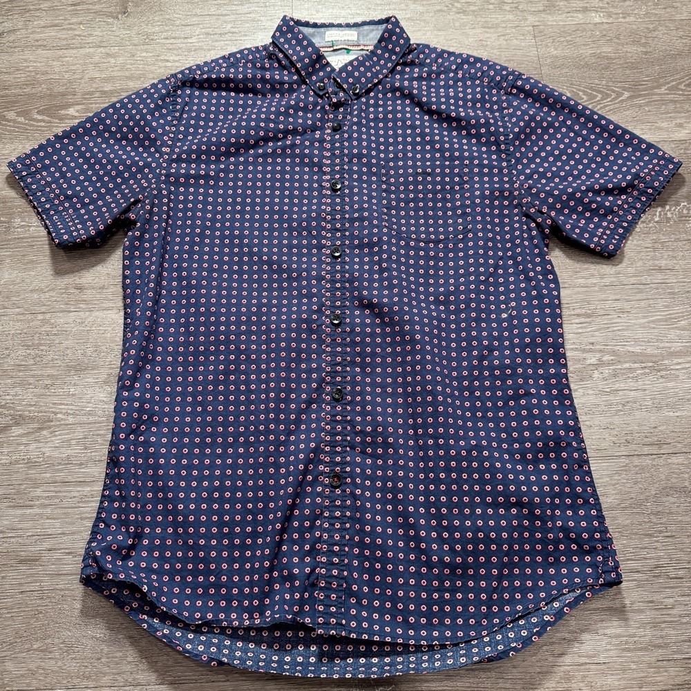 7 Diamonds Shirt Mens Medium Blue Geometric Short‎ Sleeve Cotton Casual Summer